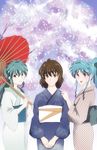  3girls blue_hair botan_(yu_yu_hakusho) botan_(yuu_yuu_hakusho) brown_eyes brown_hair female green_hair japanese_clothes kimono long_hair multiple_girls ponytail purple_eyes snow_woman ste umbrella yu_yu_hakusho yuki_onna yukimura_keiko yukina_(yu_yu_hakusho) yuu_yuu_hakusho 