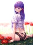  1girl arm_support ass bangs black_panties blush butt_crack cherry_blossoms closed_mouth commentary_request empty_eyes eyebrows_visible_through_hair fate/stay_night fate_(series) flower hair_between_eyes hair_ribbon heaven&#039;s_feel highres long_hair looking_at_viewer looking_back matou_sakura no_pants panties puffy_short_sleeves puffy_sleeves purple_eyes purple_hair purple_ribbon red_flower ribbon shirt shirt_in_mouth short_sleeves shouhei sitting solo underwear white_background white_shirt 