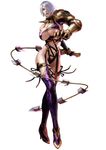  armor breasts cleavage cleavage_cutout earrings gauntlets hair_over_one_eye high_heels huge_breasts isabella_valentine jewelry large_breasts leotard lipstick makeup namco navel official_art shoes short_hair silver_hair simple_background soul_calibur soul_calibur_iv soulcalibur_iv sword weapon whip 