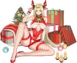  1girl animal_ears armpits bare_shoulders bell blue_eyes blush box breasts candle christmas christmas_lights christmas_ornaments christmas_present christmas_tree clothing_cutout covered_navel covered_nipples crotch_cutout deer_ears fake_animal_ears fake_antlers fishnet_thighhighs fishnets fur-trimmed_footwear fur-trimmed_leotard gift gift_bag gift_box green_ribbon grin groin groin_tendon hair_intakes hair_ornament heart heart_cutout high_heels highleg highleg_leotard highres huge_breasts jingle_bell last_origin leotard light_green_hair linea_alba long_hair looking_at_viewer micro_shorts mistletoe_hair_ornament neck_ribbon no_bra official_alternate_costume official_art parted_lips pinecone pink_ribbon red_footwear red_leotard red_ribbon red_shorts red_thighhighs red_wrist_cuffs ribbed_leotard ribbon shorts sitting skindentation smile snowflake_print solo star_ornament striped striped_ribbon taesi thighhighs transparent_background underboob underboob_cutout very_long_hair wraithy_(last_origin) wrist_cuffs yokozuwari 