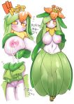  1girl blush breasts colored_skin commentary_request flower flying_sweatdrops full_body green_hair inverted_nipples lactation large_breasts lilligant long_hair looking_at_viewer monster_girl navel no_mouth okayado orange_eyes personification plant_girl plant_hair pokemon pussy pussy_juice see-through see-through_skirt simple_background skirt standing topless translation_request white_background white_skin 