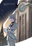  1boy bangs blue_eyes cityscape clock clock_tower clock_tower_prison crossed_arms destiny_hero_-_plasma duel_disk edo_phoenix expressionless feet_out_of_frame formal grey_hair hair_between_eyes happy_birthday highres male_focus night night_sky sayo_(sayo4171999) short_hair sky solo_focus standing suit tower white_suit yu-gi-oh! yu-gi-oh!_gx 