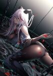  1girl aegir_(azur_lane) ass azur_lane bangs bare_shoulders blush breasts chain clothing_cutout commentary_request holding holding_petal horns kangaruu_(momotk1109) large_breasts long_hair looking_at_viewer lying multicolored_hair on_stomach parted_lips petals red_hair shoulder_cutout solo streaked_hair thighhighs thighs white_hair yellow_eyes 