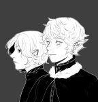  2boys black_coat black_eyes brothers coat dungeon_meshi elf greyscale highres mithrun mithrun&#039;s_brother monochrome multiple_boys pointy_ears profile siblings side-by-side tsy white_eyes white_hair 