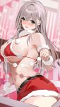  1girl belt bikini bikini_top_only black_belt blush breasts from_side green_eyes grey_hair highres hololive large_breasts long_hair miniskirt navel niii_(memstapak) no_shirt pom_pom_(clothes) red_skirt santa_bikini shirogane_noel skirt solo stomach swimsuit virtual_youtuber 