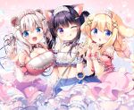  3girls :d ;q animal_ear_fluff animal_ears bangs bear_ears black_hair blonde_hair blue_eyes braid breasts bridal_garter bubble cat_ears chestnut_mouth commentary_request dog_ears fish_hair_ornament frilled_skirt frills hair_between_eyes hair_ornament hairclip highres large_breasts light_blush long_hair looking_at_viewer midriff multiple_girls navel one_eye_closed open_mouth original pink_background purple_eyes sasai_saji skirt small_breasts smile star_(symbol) star_hair_ornament tail tongue tongue_out twintails waving white_hair wrist_cuffs x_hair_ornament 