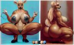  2022 abs absurd_res anthro areola big_breasts big_butt black_areola black_lips black_nipples blonde_hair blue_eyes breasts brown_body brown_fur butt cloven_hooves crouching deer eyewear female front_and_back fur glasses hair hair_bun hi_res holding_eyewear holding_glasses holding_object hooves huge_breasts huge_butt keeltheequine lips looking_at_viewer mammal multiple_angles muscular muscular_anthro muscular_arms muscular_female muscular_thighs navel nipples nude solo spread_legs spreading thick_thighs 