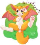 absurd_res anthro blush butt dust:_an_elysian_tail english_text female fidget_(elysian_tail) genitals green_eyes hi_res kryztar looking_at_viewer open_mouth pawpads paws pussy solo spread_legs spreading text video_games white_body 