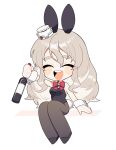  1girl ^_^ animal_ears bangs black_footwear blush bottle bow bowtie breasts chibi closed_eyes fake_animal_ears fake_tail full_body grey_hair hat highres holding holding_bottle kantai_collection long_hair medium_breasts open_mouth pantyhose playboy_bunny pola_(kancolle) rabbit_ears red_bow red_bowtie shoes simple_background sitting solo su_konbu tail teeth upper_teeth_only wrist_cuffs 