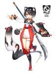  1girl absurdres animal animal_ears bangs black_hair blush capelet dress hachihito hair_between_eyes highres long_sleeves looking_at_viewer open_mouth orange_eyes original polearm sandals short_hair simple_background smile spear standing standing_on_one_leg thigh_strap weapon white_background 