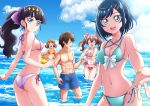  1boy 4girls beach bikini black_hair blue_eyes blue_hair breasts brown_hair cloud cloudy_sky day delicious_party_precure fuwa_kokone hair_rings hanamichi_ran hanzou highres kasai_amane long_hair medium_breasts multiple_girls nagomi_yui ocean pectorals pink_eyes ponytail precure purple_eyes shinada_takumi short_hair shorts sky small_breasts swimsuit 