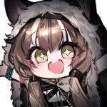  +_+ 1girl :d arknights black_cloak blush brown_eyes brown_hair chibi cloak commentary_request ears_through_headwear fur-trimmed_cloak fur-trimmed_hood fur_trim hair_over_shoulder honeyberry_(arknights) hood hood_up hooded_cloak libiadan long_hair looking_at_viewer low_twintails lowres outstretched_arms shirt smile solo teeth twintails upper_body upper_teeth_only white_shirt 