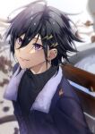  1boy autumn_leaves black_hair black_jacket black_shirt blurry blurry_background ear_piercing earrings falling_leaves hair_between_eyes hair_ornament hairclip highres holostars jacket jewelry kanade_izuru leaf lightning_bolt_hair_ornament lightning_bolt_symbol looking_up male_focus on_bench piercing purple_eyes shirt short_hair smile solo tsukky turtleneck upper_body virtual_youtuber water 