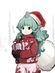  1girl :d box cowboy_shot curly_hair gift gift_box green_eyes green_hair hat horns komainu komano_aunn long_hair long_sleeves open_mouth red_headwear sack santa_hat shorts simple_background single_horn smile solo standing touhou white_background white_shorts yukihiko_(sky_sleep) 