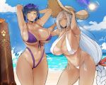  2girls absurdres armpits arms_up bangs beach bikini braid braided_ponytail breasts choker cleavage curvy dark-skinned_female dark_skin eyewear_on_head genshin_impact green_eyes hat highleg highleg_bikini highres huge_breasts lips long_hair looking_at_viewer mole mole_on_breast multiple_girls navel outdoors plump purple_bikini purple_eyes purple_hair purple_lips puzenketsu shenhe_(genshin_impact) short_hair skindentation splashing sun_hat sunglasses swimsuit tan tanlines thick_thighs thighs water white_bikini white_hair yelan_(genshin_impact) 