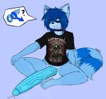  aimpunch anthro azura_(aimpunch) balls big_balls big_penis blue_body blue_fur blue_hair blue_penis bodily_fluids bottomless bottomless_male choker clothed clothing emo eye_through_hair fur genital_fluids genitals hair huge_balls huge_penis humanoid_genitalia humanoid_penis hyper hyper_balls hyper_genitalia hyper_penis inviting jewelry long_penis male mammal markings necklace penis pictographics precum procyonid raccoon sitting sitting_on_ground solo striped_markings striped_tail stripes tail_markings translucent translucent_hair vein veiny_penis 