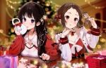  2girls alternate_costume bangs black_hair box breasts brown_hair chitanda_eru gift gift_box holding hyouka ibara_mayaka indoors jacket large_breasts long_hair looking_at_viewer mery_(yangmalgage) multiple_girls purple_eyes red_jacket short_hair smile table 