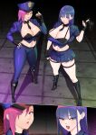  2girls blue_eyes blue_hair boots breasts caitlyn_(league_of_legends) cigar cleavage drd_(chdrd) fingerless_gloves gloves gun handgun hat high_heel_boots high_heels highres holding holding_gun holding_weapon large_breasts league_of_legends long_hair midriff miniskirt multiple_girls navel necktie officer_caitlyn officer_vi pink_hair police police_hat police_uniform policewoman skirt uniform vi_(league_of_legends) weapon 