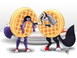  absurd_res anthro canid canid_demon clothing costume demon duo female food food_costume hellhound helluva_boss hi_res loona_(helluva_boss) mammal rodent sciurid snowradish taka_studio tree_squirrel waffle waffle_costume wendy_(snowradish) 