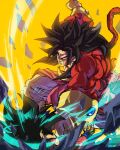  2boys angry arm_up baggy_pants bangs biceps black_hair body_fur bracer broly_(dragon_ball_z) clenched_teeth commentary_request debris dragon_ball dragon_ball_gt dragon_ball_z earrings energy fighting highres hoop_earrings jewelry kouji08250 long_hair male_focus monkey_tail multiple_boys muscular muscular_male no_pupils pants parted_bangs punching red_fur rock son_goku spiked_hair super_saiyan super_saiyan_4 tail teeth v-shaped_eyebrows white_pants yellow_background 