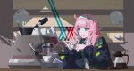  1girl absurdres bangs black_jacket blunt_bangs chinese_commentary coffee_maker_(object) coffee_pot collared_shirt commentary_request cup darling_in_the_franxx elbow_on_table green_eyes hairband highres holding holding_cup horns jacket kanghaha light_blush long_hair long_sleeves looking_afar open_mouth pink_hair pink_horns pink_nails plate red_eyeliner shirt smile smoke solo teeth two-sided_fabric two-sided_jacket upper_body white_hairband white_shirt zero_two_(darling_in_the_franxx) 