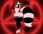  absurd_res anthro big_butt black_body butt clothing dialogue english_text footwear girly half-closed_eyes hi_res high_heels looking_at_viewer looking_back male mammal multicolored_body narrowed_eyes open_mouth pentagram presenting presenting_hindquarters procyonid raccoon rear_view rex_raccoon_(rexon02) rexon02 solo speech_bubble talking_to_viewer text thick_thighs two_tone_body white_body wide_hips 