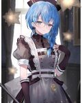  1girl apron bangs blue_eyes blue_hair blush braid fingerless_gloves glasses gloves grey_apron grey_headwear hair_between_eyes hair_ornament highres holding hololive hoshimachi_suisei indoors looking_at_viewer maid medium_hair pocket_watch puffy_short_sleeves puffy_sleeves see-through see-through_sleeves shiohana short_sleeves skirt skirt_set star_(symbol) star_in_eye symbol_in_eye virtual_youtuber watch 