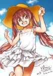  1girl arimura_yuu blue_sky brown_eyes brown_hair cloud commentary_request cowboy_shot dark_skin dress fang hat highres kantai_collection libeccio_(kancolle) long_hair skin_fang sky smile solo spaghetti_strap sun_hat sundress tan twintails white_dress yellow_headwear 