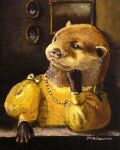  anthro biped brown_eyes clothing dress female hi_res jewelry mammal mustelid necklace olivia_beaumont otter shaded signature solo traditional_media_(artwork) yellow_clothing yellow_dress 