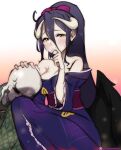  1boy 1girl ainz_ooal_gown albedo_(overlord) alternate_costume bangs bare_shoulders black_hair black_wings blush breasts cleavage frilled_kimono frills hair_between_eyes hand_up highres horns japanese_clothes kimono large_breasts lewdishsnail long_hair overlord_(maruyama) ponytail purple_kimono sad shiny shiny_hair simple_background skull tears wings 