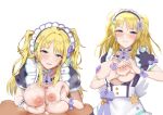  ahoge alternate_costume blonde_hair blue_eyes blush breasts breasts_out breasts_squeezed_together butatamadayo choker cum cum_on_body cum_on_breasts deep_skin dress enmaided frilled_choker frills grin hachimiya_meguru heart-shaped_boob_challenge idolmaster idolmaster_shiny_colors large_breasts long_hair looking_at_viewer maid maid_headdress multiple_views nipples official_alternate_costume paizuri penis pov short_sleeves simple_background smile two_side_up upper_body 