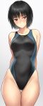  1girl amagami arms_behind_back bangs black_hair black_one-piece_swimsuit blush breasts closed_mouth commentary_request competition_swimsuit embarrassed highres medium_breasts nanasaki_ai one-piece_swimsuit purple_eyes serizawa_(serizawaroom) short_hair solo swimsuit 
