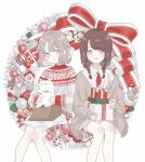  2girls animal bangs bare_legs box box_stack braid brown_eyes brown_hair brown_shorts candy candy_cane cardboard_box cat christmas_ornaments clothing_request collared_shirt crescent decorations feet_out_of_frame food garland_(decoration) gift gift_box gingerbread_cookie gingerbread_man grey_eyes grey_hair grey_sweater holding holding_animal holding_box holding_cat holding_gift long_sleeves looking_at_viewer looking_to_the_side multiple_girls neck_ribbon open_mouth original paper parted_lips print_sweater red_ribbon ribbon shirt short_hair shorts simple_background sleeves_past_wrists star_(symbol) striped striped_ribbon sweater twin_braids two-tone_ribbon white_background white_cat white_ribbon white_shirt wrapping_paper yuum1709 