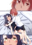  2girls absurdres bangs barefoot black_hair black_shirt black_shorts blush brown_eyes brown_hair closed_mouth eye_contact hair_between_eyes highres koori_chikage long_hair looking_at_another lying multiple_girls navel on_back on_bed open_mouth pillow shirt short_shorts short_sleeves shorts soles towel towel_around_neck very_long_hair white_shirt xuu_shi_times yuri yuuki_yuuna yuuki_yuuna_wa_yuusha_de_aru yuusha_de_aru 