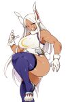  1girl :d animal_ears bangs bare_shoulders boku_no_hero_academia breasts covered_abs crescent_print dark-skinned_female dark_skin fur_collar gloves hanzo_(2929) highleg highleg_leotard highres knee_up large_breasts leotard long_eyelashes long_hair looking_at_viewer mirko muscular muscular_female parted_bangs purple_thighhighs rabbit_ears rabbit_girl rabbit_tail red_eyes simple_background smile solo standing standing_on_one_leg tail teeth thighhighs thighs very_long_hair white_background white_gloves white_hair white_leotard 