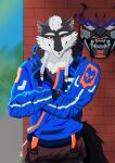  absurd_res anthro black blue bone bracelet braided_hair brown canid canine canis clothing crossed_arms dark_blue direlaxion fur graffiti grey hair hi_res humanoid jacket jewelry male mammal mohawk orange red red_eyes ring scar skull solo spikes straps topwear white wolf yoru 