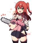  2girls bangs black_skirt black_thighhighs bocchi_the_rock! chainsaw chainsaw_man emphasis_lines gotou_hitori green_eyes hair_between_eyes highres hinghoi holding holding_chainsaw holding_weapon hybrid jacket kita_ikuyo long_hair looking_at_viewer medium_hair multiple_girls one_side_up open_mouth pink_hair pink_track_suit pochita_(chainsaw_man) red_hair school_uniform serafuku shaded_face simple_background skirt smile thick_thighs thighhighs thighs tongue tongue_out track_jacket weapon white_background white_serafuku 