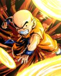  1boy angry baggy_pants bald biceps blue_sash clenched_hand clenched_teeth commentary_request dougi dragon_ball dragon_ball_(classic) energy facial_mark forehead_mark highres incoming_attack incoming_punch kouji08250 kuririn looking_at_viewer male_focus muscular one_eye_closed orange_pants pants parted_lips punching sash solo teeth v-shaped_eyebrows wristband 