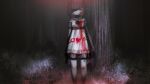  1girl blood blood_on_clothes blood_on_face blood_writing bow dress expressionless fallenshadow feet_out_of_frame forest hair_bow heart highres holding holding_knife horror_(theme) indie_virtual_youtuber kitchen_knife knife looking_at_viewer medium_hair mercure_1104 monochrome nature night off-shoulder_dress off_shoulder outdoors pantyhose ribbon shaded_face solo spot_color thighhighs tree virtual_youtuber wrist_ribbon yandere 