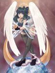  1girl 1other absurdres angel angel_wings apple black_eyes black_hair black_ribbon collar food fruit golden_apple halo highres long_hair looking_at_viewer open_mouth original planet ribbon rumaychian snake star_(symbol) thighhighs wings 