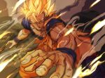  angry baggy_pants bangs biceps blonde_hair closed_mouth collarbone commentary_request dougi dragon_ball dragon_ball_z glaring glowing glowing_hair hair_between_eyes highres kouji08250 looking_at_viewer muscular muscular_male orange_pants outstretched_arm outstretched_hand pants parted_bangs pectorals smoke son_goku spiked_hair standing super_saiyan super_saiyan_2 v-shaped_eyebrows wristband 