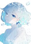  1girl absurdres bangs blouse blue_eyes blue_hair blue_theme bubble corrupted_file earrings highres hitoba jewelry looking_at_viewer ocean original shirt short_hair simple_background smile solo white_background white_shirt 