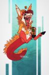  2017 anthro black_hooves black_sclera bodily_fluids crown dated ear_piercing ear_stud featureless_crotch food full-length_portrait fur glistening glistening_eyes hi_res holding_food holding_object holding_taco hooves male mane mouth_shot nude open_mouth orange_body orange_fur orange_mane orange_teeth piercing portrait red_body red_eyes red_fur red_tail red_tongue riorix saliva saliva_string signature simple_background solo species_request striped_tongue taco tongue 