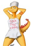  anthro apron apron_only arm_tattoo chef_hat clothing cooking_with_tracy female hat headgear headwear hi_res long_snout mostly_nude simple_background snout solo spiked_tail spikes spikes_(anatomy) tattoo tracy_(cwt) unknown_artist video_games white_background yellow_body 