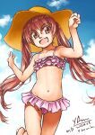  1girl arimura_yuu bikini bikini_skirt blue_sky brown_eyes brown_hair cloud commentary_request cowboy_shot dark_skin dress fang frilled_bikini frills hat highres kantai_collection libeccio_(kancolle) long_hair pink_bikini skin_fang sky smile solo swimsuit tan twintails 