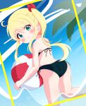  1girl ass ball beachball bikini blonde_hair blue_eyes blush highres himesaka_noa long_hair looking_at_viewer looking_back palm_tree r245 swimsuit tree watashi_ni_tenshi_ga_maiorita! 