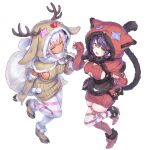  2girls absurdres animal_hood apron black_apron black_hair breasts brown_capelet brown_dress brown_footwear brown_gloves capelet cat_hood christmas cleavage_cutout clothing_cutout dress elbow_gloves fangs fingerless_gloves fur-trimmed_capelet fur-trimmed_gloves fur-trimmed_hood fur_trim gloves half-closed_eyes high_heels highres holding holding_sack hood hood_up hoof_gloves hoof_shoes kiyama_satoshi kuroike_momimi leg_up multiple_girls over_shoulder pantyhose paw_pose pouch red_dress red_footwear red_gloves reindeer_hood ribbed_dress ribbed_gloves sack short_dress short_hair side_cutout sideboob simple_background standing standing_on_one_leg thighhighs virtual_youtuber waist_apron white_background white_hair white_pantyhose white_thighhighs yellow_eyes 