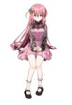  1girl alternate_costume bangs blue_eyes bocchi_the_rock! breasts breasts_squeezed_together dress gocoli gotou_hitori hands_on_lap highres long_hair own_hands_clasped own_hands_together pink_dress pink_hair socks white_socks 