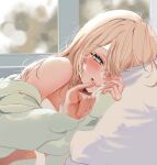  1girl aqua_eyes bare_shoulders bed blonde_hair blush chururun0u0 commentary hair_between_eyes hair_down highres hololive jacket kazama_iroha looking_at_viewer lying off_shoulder on_side parted_lips pillow pinky_swear smile solo virtual_youtuber window 