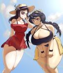  2girls bikini breasts cloud filia_(skullgirls) highres large_breasts multiple_girls red_eyes skullgirls sky smile swimsuit tillshitposting 